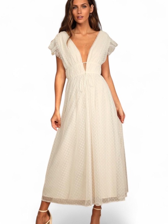 Lulus Dresses & Skirts - NWT Lulus Cream Tulle Polka Dot Wedding Reception Maxi Dress Ruffled Size Medium